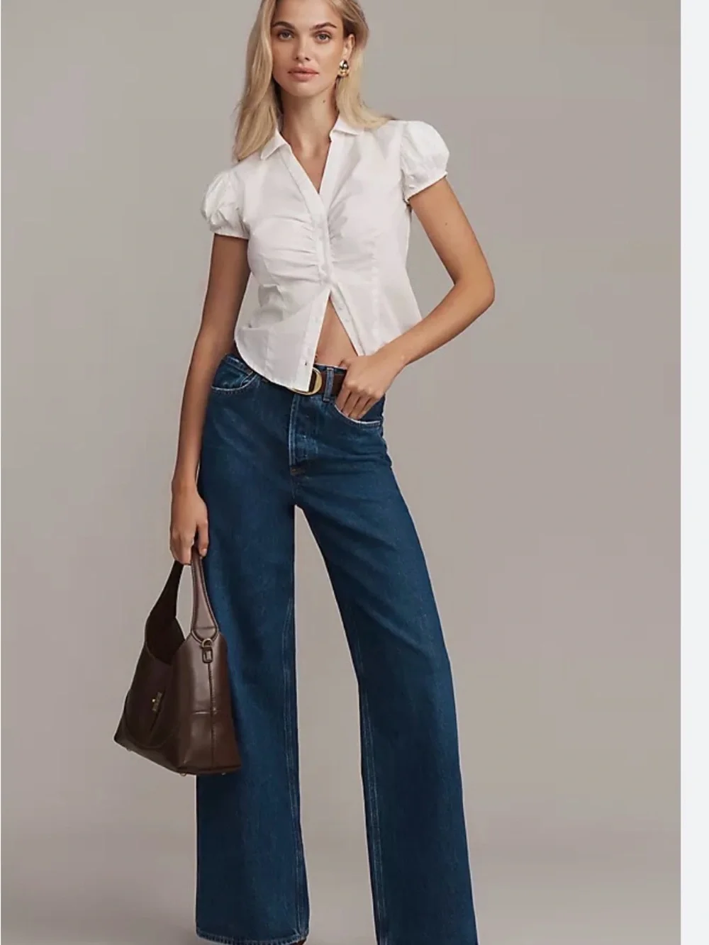 Anthropologie Maeve White Puff-Sleeve Button-Up Blouse